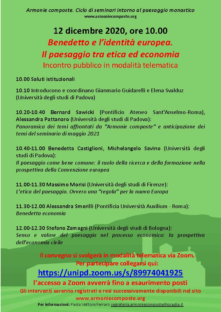 A conclusione di un quinquennio di attività del progetto “Armonie composte”, in concomitanza con i venti anni della Convenzione Europea del Paesaggio, il 12 dicembre si terrà in modalità telematica l’incontro pubblico Benedetto e l’identità europea. Il paesaggio tra etica ed economia.