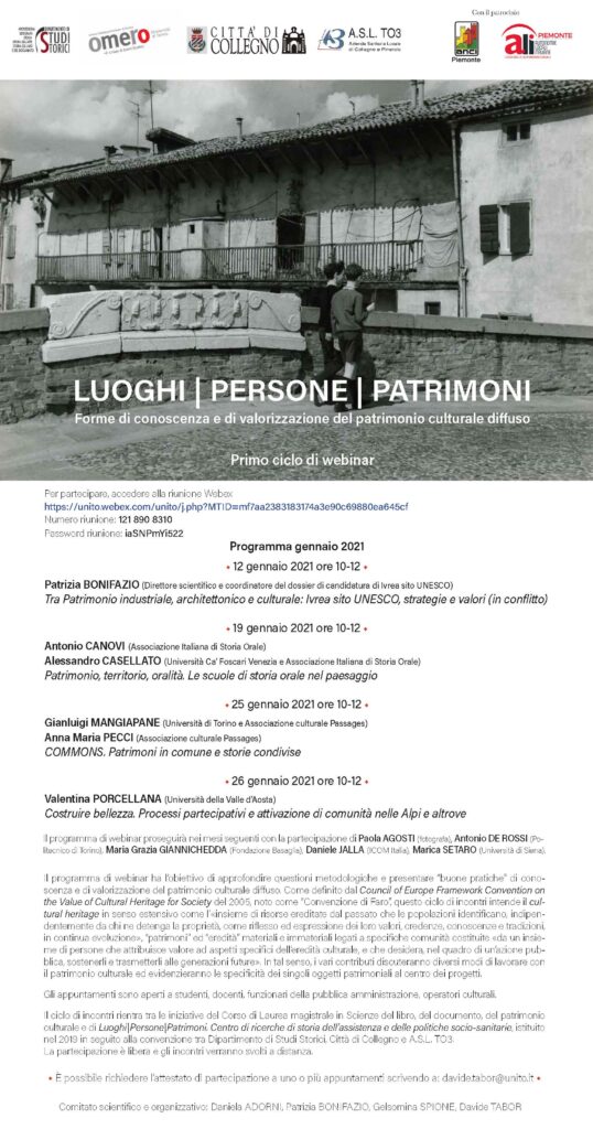 Questo ciclo di incontri sulle forme di conoscenza e di valorizzazione del patrimonio culturale diffuso si propone come occasione di formazione per dipendenti della pubblica amministrazione e per gli operatori culturali e sociali, ma si rivolge anche a docenti, ricercatori, studenti universitari e dottorandi interessati ad approfondire questioni metodologiche e a discutere “buone pratiche”.