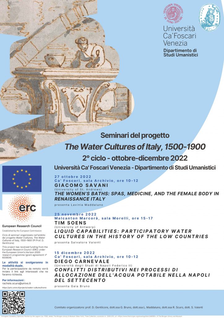 Si terrà a Venezia presso Università Ca' Foscari Venezia - Dipartimento di Studi Umanistici, tra ottobre e dicembre 2022, il secondo ciclo di Seminari del progetto The Water Cultures of Italy, 1500-1900