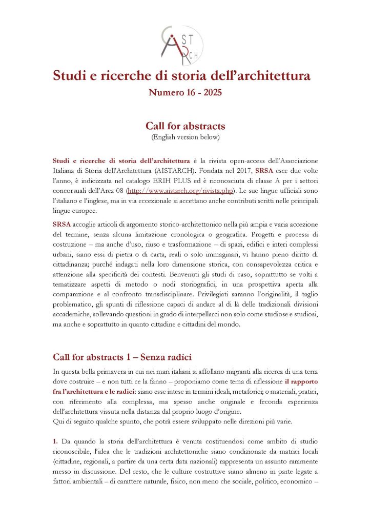Sono aperte le Call for abstracts 1 – Senza radici e Call for abstracts 2 – Contributi a tema libero della rivista 