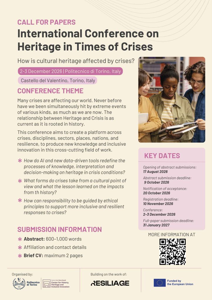 Il convegno internazionale “Heritage in Times of Crises” si terrà il 2–3 dicembre 2026 al Politecnico di Torino